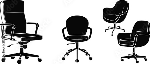 Foto Collection of four black silhouettes of office chairs with wheels and armrests o