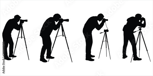 Konstfotografi Photographers with tripods silhouettes, capturing with cameras on white backgrou