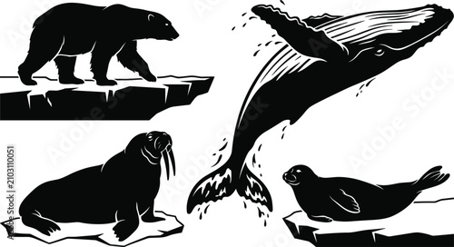 Cuadro en lienzo Arctic Wildlife Silhouette Illustration Featuring Polar Bear, Walrus, Humpback W