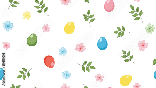 A delightful seamless pattern showcases colorful Easter eggs, delicate spring flowers, and fresh green leaves, creating a vibrant and festive background for the holiday.
