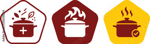 Vector cooking process icons set featuring pots with ingredients heat and finished meal symbols for kitchen applications
