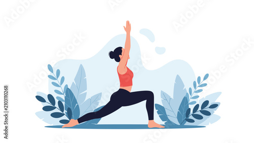 A serene woman gracefully performs a warrior yoga pose with arms extended upwards, surrounded by lush green plants in a calm and minimalist indoor setting.