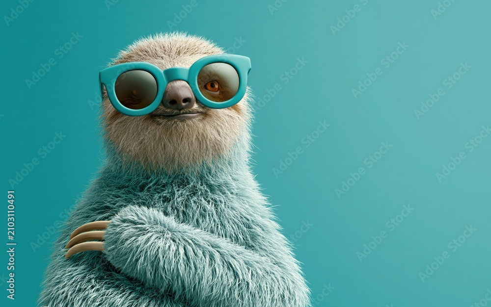 Obraz premium Funny sloth with trendy glasses stares at the camera against a vibrant teal backdrop