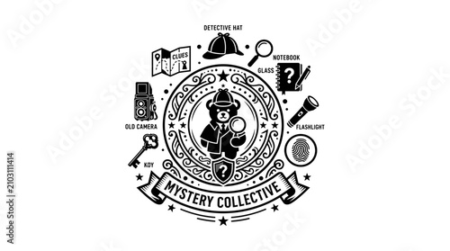 Mystery Collective Logo with Detective Hat, Magnifying Glass, Notebook, Flashlight, Old Camera, and Key