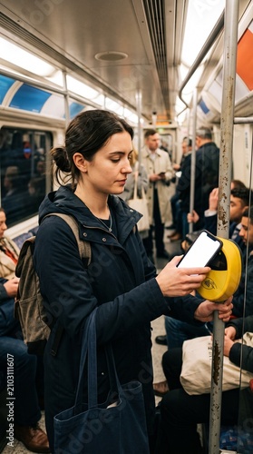 Woman uses smartphone to pay for public transport fare on a busy subway train