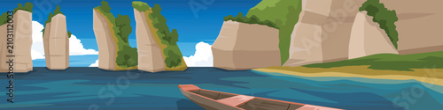 Konstfotografi Horizontal or Landscape view of peaceful boat ride through the scenic Cheow Lan Dam in Surat Thani, Thailand