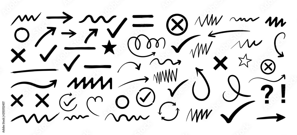 Obraz premium Set of hand-drawn doodle arrows checkmarks and symbols for design elements with checkmarks sketches handdrawn scribbles collection elements