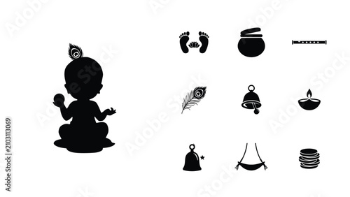 Valokuva Minimalist black child meditation icon set with cultural symbols with high contr
