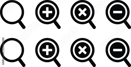 Fotografie Vector icon set of magnifying glass web search, zoom in plus minus signs, maximi