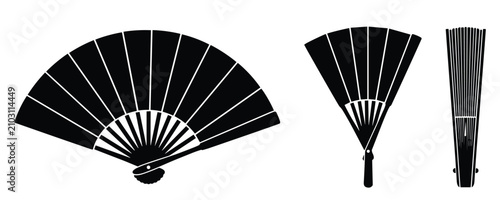 Collection of black silhouettes showing traditional folding fans in different open positions.