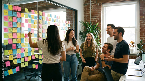 Creative Businesswomen Discussing Tasks and Workflow on Brainstorming Wall