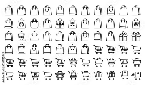 Photography Shopping Bag Gift Bag and Shopping Cart Line Art Icon Collection for Retail and