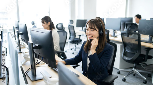 Close Up Portrait of Female Call Center Operator Speaking on Headset at Desk