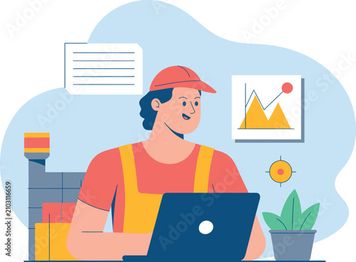 Vector illustration of a freelancer working on a laptop at a desk with computer
