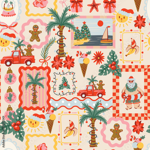 Christmas Tropical Seamless Pattern with Palm Trees Gingerbread Santa Summer Holiday Frames Illustration