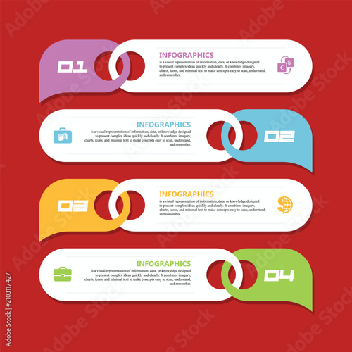 Infographic template features four colorful speech bubble sections linked together for data display.