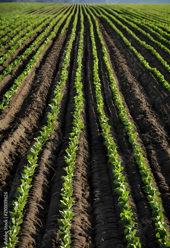 Rows of young green crops g...