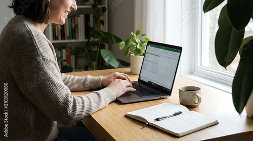 Side View of Professional Working on Laptop Computer at Desk in Cozy Office Environment