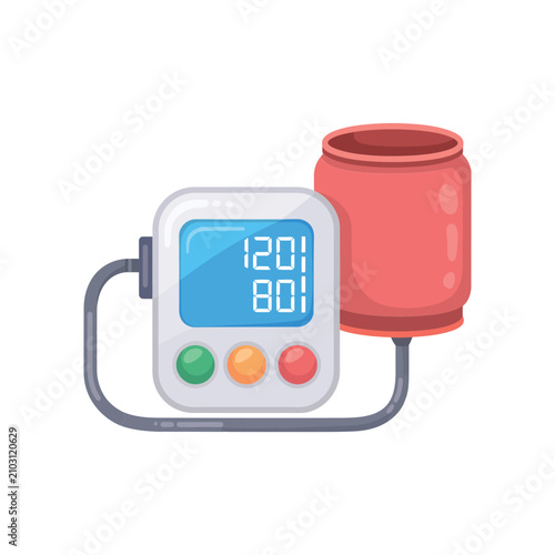 Принти на полотні Digital pressure monitor with a red inflatable cuff, displaying systolic and dia