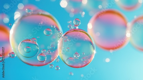 Abstract Iridescent Bubbles on Blue Background