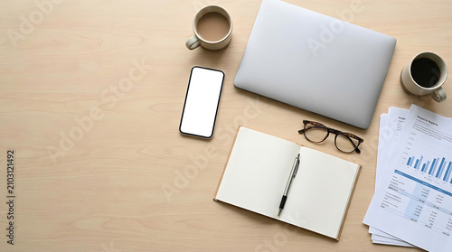 Overhead Flat Lay of Workspace with Smartphone Notebook Glasses Laptop and Coffee