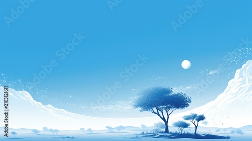 Minimalist Blue Landscape with Stylized Trees