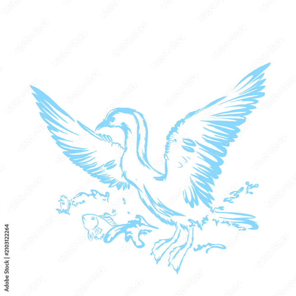 Fototapeta premium Silhouette of a large cormorant (Phalacrocorax carbo), also known as a cormorant, hunting fish without background