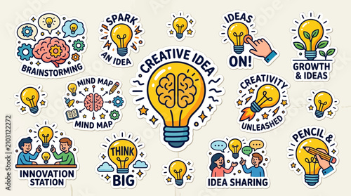 Fotografie A collection of cartoon stickers illustrating various aspects of creative thinking, brainstorming, innovation, and idea generation with lightbulbs and brains