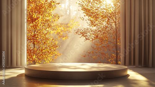 Autumn stage with golden leaves and soft sunlight creating warm and peaceful atmosphere