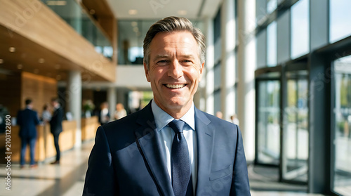 Portrait of Confident and Smiling Mid Adult Businessman Standing in Corporate Office Corridor
