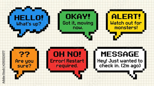 Canvastavla A collection of six colorful pixel art speech bubbles displaying various messages like 'HELLO!', 'ALERT!', and 'Error! Restart required