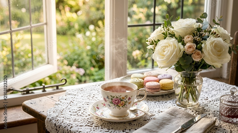 Obraz premium Afternoon tea by window, floral teacup, macarons, rose bouquet, garden view