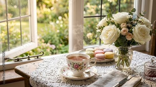 Afternoon tea by window, floral teacup, macarons, rose bouquet, garden view