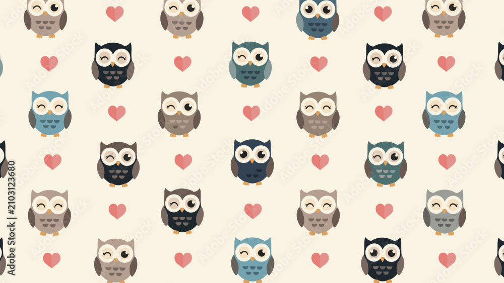 Fototapeta premium Delightful seamless pattern showcasing an array of charming cartoon owls in various colors interspersed with small pink hearts on a warm beige background, perfect for a cozy design.