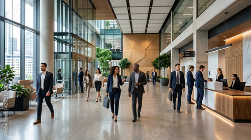 Business Professionals Walking and Chatting in Bright Modern Office Lobby