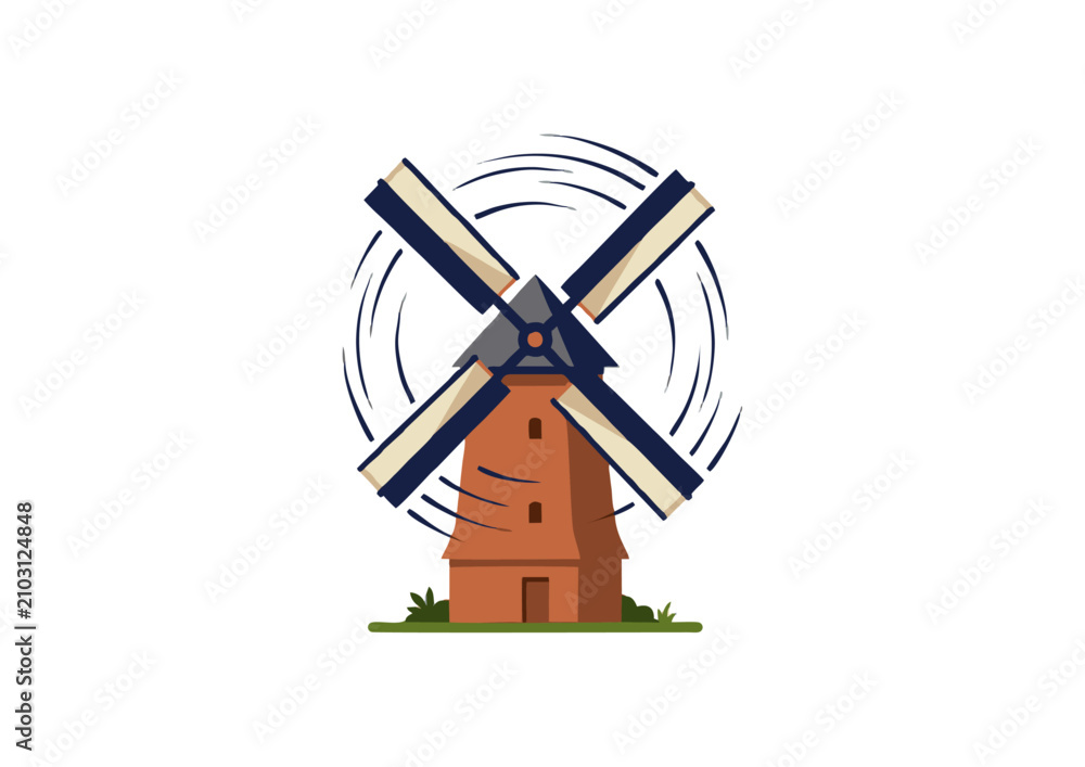 Obraz premium Traditional Dutch windmill vector illustration with spinning blades isolated on white background
