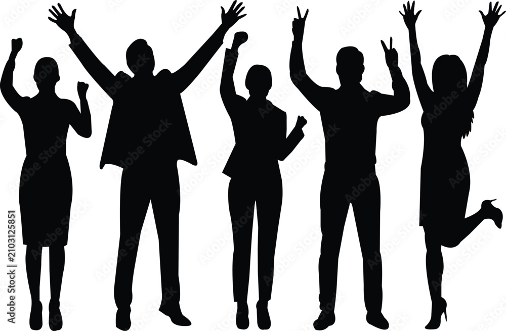 Fototapeta premium Business people silhouettes celebrating success cheering with hands raised isolated on white background professional team group corporate achievement concept happy workers joy celebration.