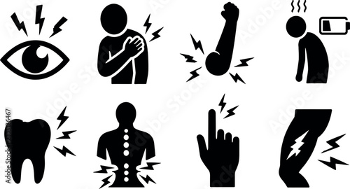 Foto Comprehensive Body Pain and Health Symptom Vector Icon Set Featuring Toothache,