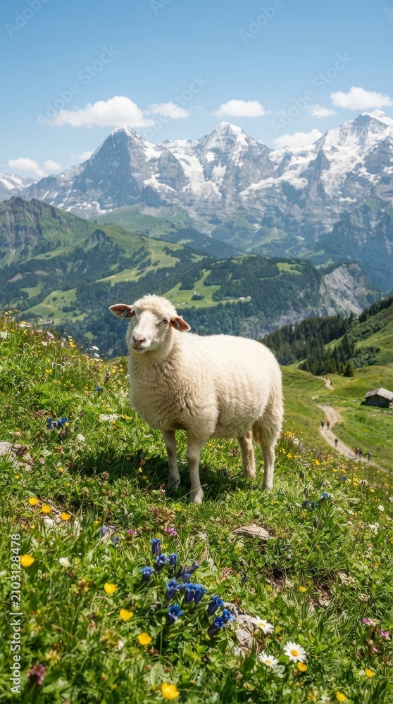 Fototapeta premium A white sheep stands in a green meadow with dramatic mountain peaks in the background.