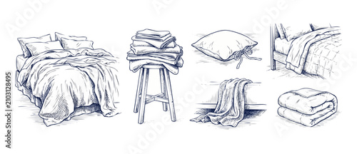 Bedding sketch hand drawn illustration of cozy bedroom textiles, comfortable blankets, pillows, and folded linens on white background, vintage style engraved line art set for home interior decor.