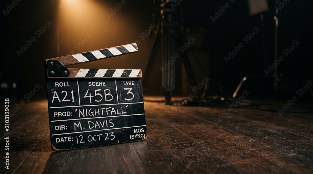Naklejka premium Film clapperboard on a wooden floor with spotlight and camera equipment in a dark studio background