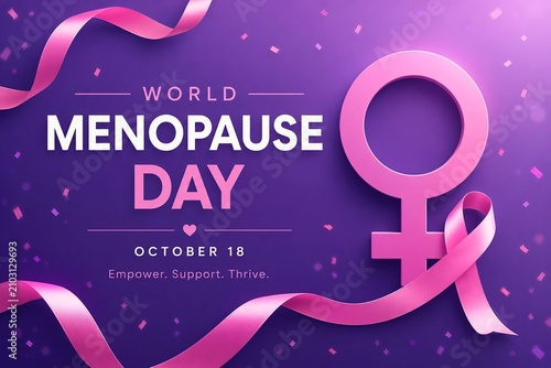 World Menopause Day Awareness Banner with Pink Ribbon, Female Symbol and Purple Background – October 18 Healthcare Campaign