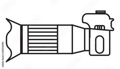 DSLR and Mirrorless Camera Outline Icon with Lens. Editable Vector Illustration Stroke. Transparent background.