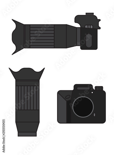 DSLR and Mirrorless Camera Outline Icons with Lenses, Isolated on Transparent Background. Telephoto lens with camera. Black design collection, set of icons. Editable Vector Illustration Stroke. 