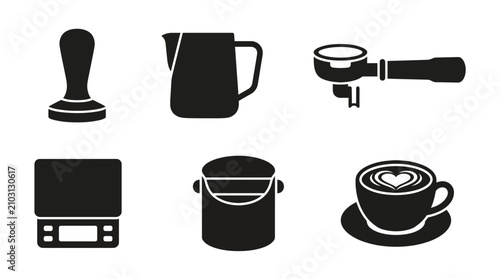 Fotografie Coffee Making Equipment and Barista Tools Vector Icons Set