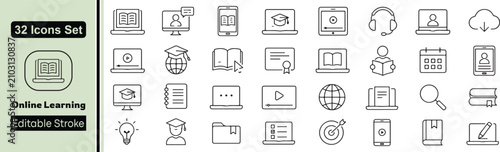 Bild auf Leinwand Online Learning Line Icons Set - 32 Editable Stroke E-Learning, Distance Educati