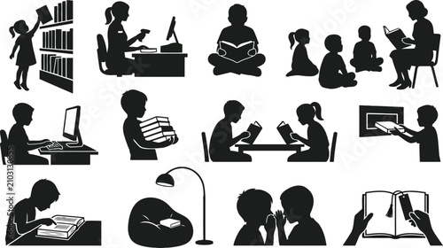 Set of black silhouettes illustrating children and adults reading books, using computers, and engaging in library or classroom activities
