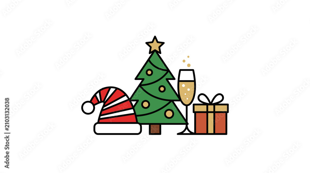 Naklejka premium Festive Christmas tree with Santa hat and champagne glass