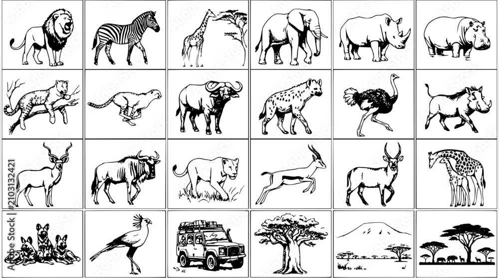 Obraz premium Animals in a Grid Illustration Showcasing Various Wildlife Species and Safari Elements Featuring Lion, Zebra, Giraffe