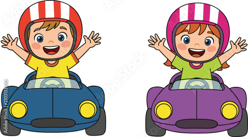 Cartoon children driving small toy cars with helmets small car children